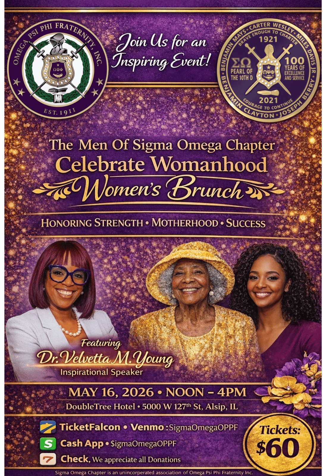 Join the Sigma Omega Chapter for an elegant afternoon celebrating the incredible women who shape our lives. Our Mother’s Day Brunch is a heartfelt tribute to mothers, grandmothers, and mother figures—filled with good food, beautiful moments, and even better company. This year’s event features Dr. Velvetta M. Young, Author, Pushing Past Fear To Find The Best You. Enjoy a curated brunch menu, music, special tributes, and a warm, uplifting atmosphere. Whether you’re honoring your mother or attending as a beloved guest, this event is all about love, gratitude, and connection.