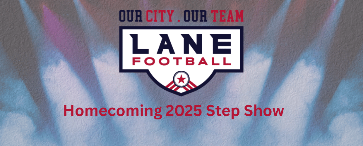 Stage lights showing the Lane College Football logo and words Homecoming 2025 Step Show
