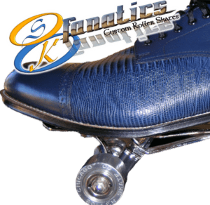 SK8 Fanatics Logo atop signature blue Stacy Adams custom roller skate