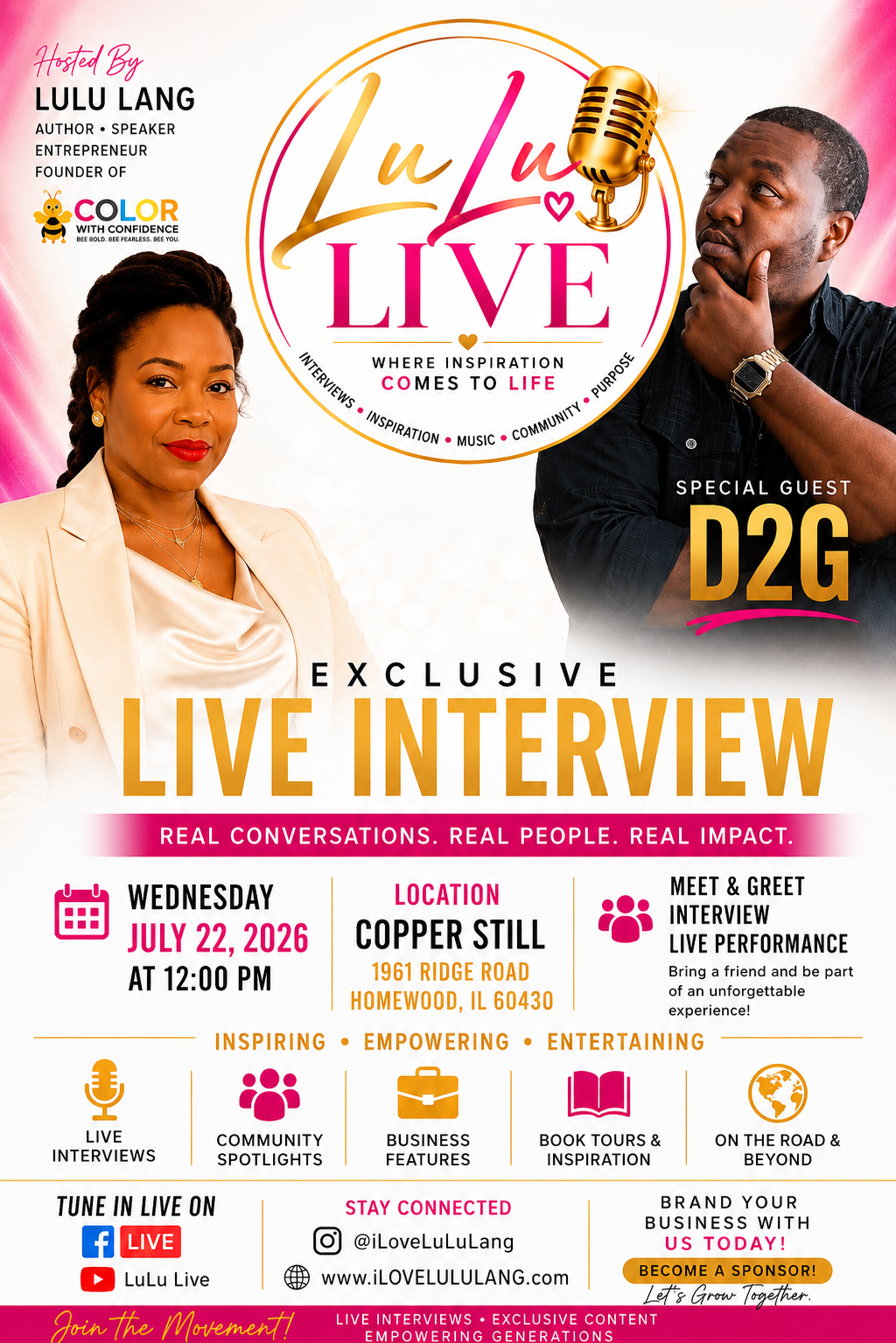 Event flyer for LULU LIVE: Exclusive Interview with D2G