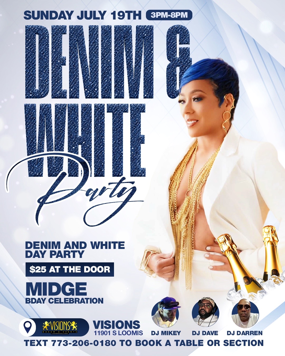 Elegant Midge Denim and White Day Party event flyer
